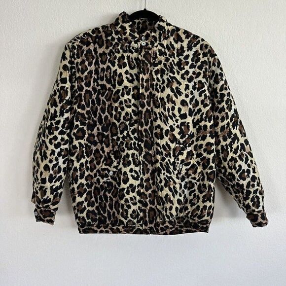 Clio Vintage 90s Womens 100% Silk Leopard Cheetah Print Bomber Puffer Jacket PL - Picture 1 of 12